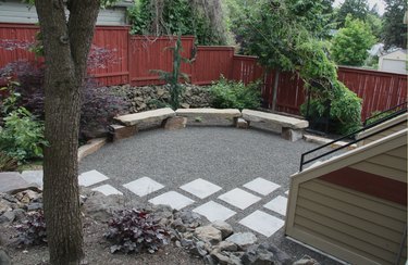 meditation garden with pea gravel and benches