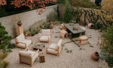 pea gravel patio with furniture placed on an angle