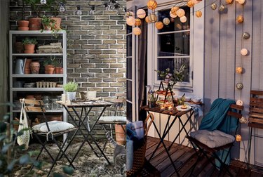 two photos of outdoor spaces with table and chairs