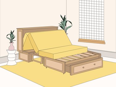 An illustration of a cabinet bed with a yellow mattress and light wood frame being unfolded in a bedroom with a yellow rug and nightstand topped with a plant.