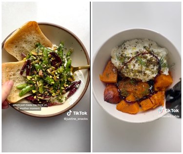A split-screen image showing two cheese bowls featuring ricotta and cottage cheese along with other ingredients.
