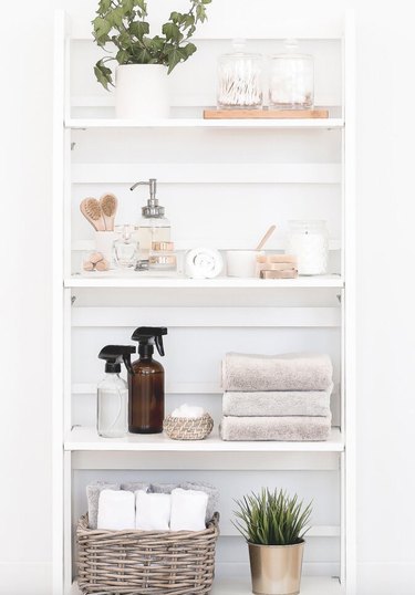 Bathroom storage shelves, towels, soap, cleaning supplies, plant.