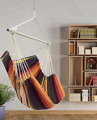 Hanging hammock chair, bookshelves.