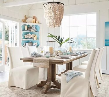 beige dining room with light blue accents