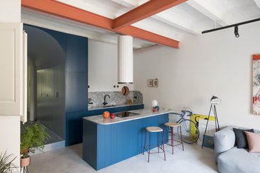 orange and blue kitchen