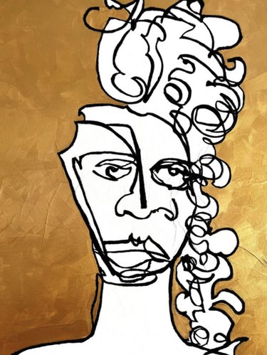 An abstract black and white contour drawing of a person with curly hair over a gold background.