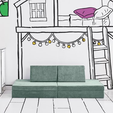 green play couch in suedelike fabric