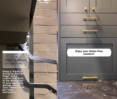 Split screen showing a hinge of a cabinet on side and a closed cabinet with the text "Enjoy your clutter-free counters!" over it on the other