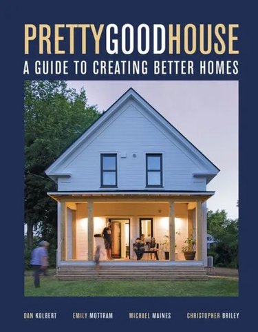 Book cover of "Pretty Good House" featuring a white home on a dark blue background.