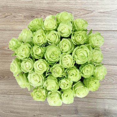 An aerial shot of a large bouquet of three dozen green roses