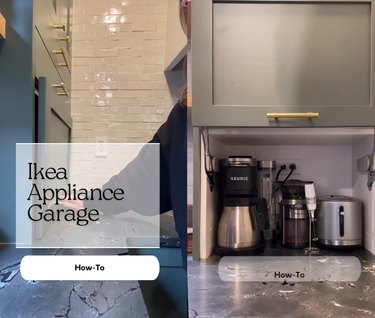 Split screen of a title card that read Ikea Appliance Garage How-To on one side, and kitchen appliances in a cabinet on a counter in the other