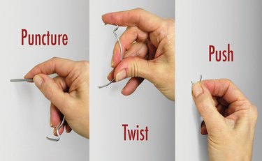 A person installing a Monkey Hook in three steps with the words puncture, twist, and push on the graphic