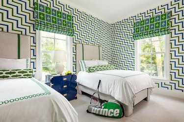 hollywood regency bedroom in emerald green and royal blue