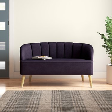 wayfair deep purple velvet sofa with recessed arms