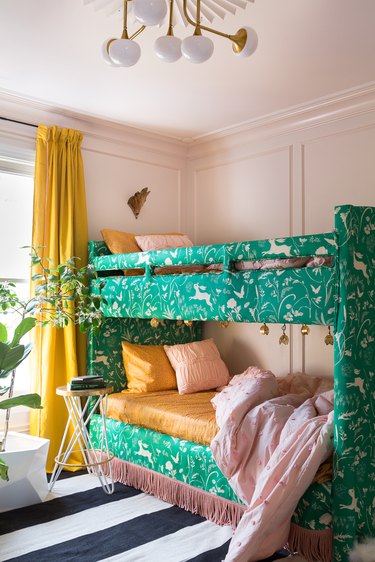 emerald floral bunk beds with mustard yellow curtain