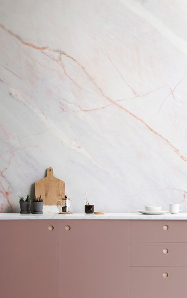 pink kitchen with peel and stick wallpaper backsplash