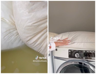 A split-screen image of a pillow in dirty water and then a clean pillow on top of a dryer.