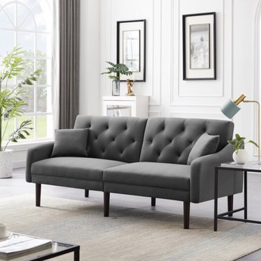 walmart gray velvet futon sofa bed with pillows and tufted cushions