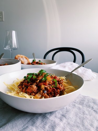 Fable Pasta Bowls and Serving Bowl on dining table