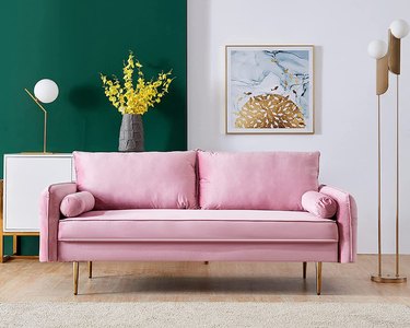 pink velvet loveseat sofa with pillows on amazon