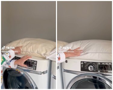 Split-screen photos of a dirty pillow and clean pillow on top of a washing machine and dryer.