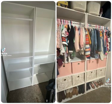 Two images: The first shows two empty white bookcases with a closet rod attached to one of them. There are shelves on the bottom. The second image shows clothes hanging on the closet rod, baskets placed on top of the shelves, baskets for storage, and shoes lining the bottom of the bookcase.