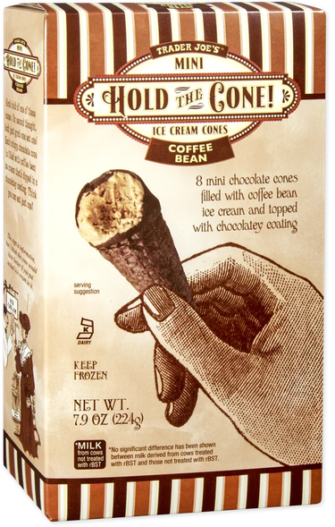 Trader Joe's Hold the Cone Coffee Bean Ice Cream Mini Cones over a white background.