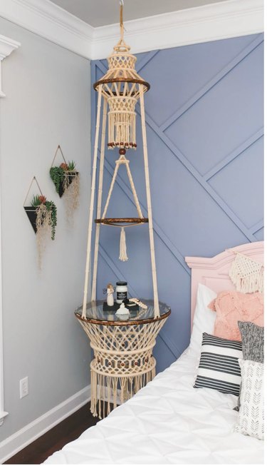 periwinkle blue wall with macrame
