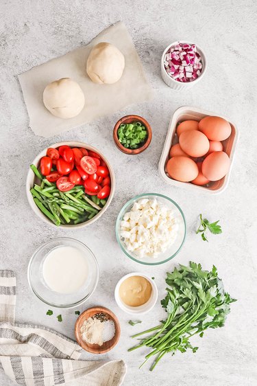 Ingredients for spring vegetable sheet pan quiche
