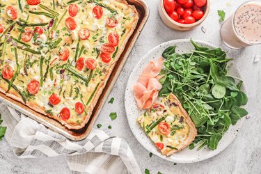 Spring vegetable sheet pan quiche with greens and smoked salmon