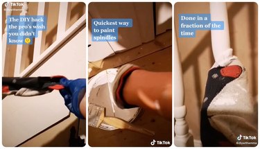 TikTok stills of someone painting stair spindles with a sock on their hands as a paintbrush