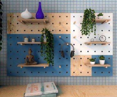 teal blue, white and wood pegboard with shelves