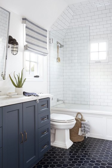 navy blue and white traditional bathroom