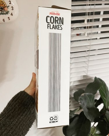 Package of Aldi corn flakes with a long barcode