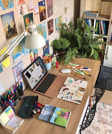 Desk, chair, lamp, computer, books, plant.