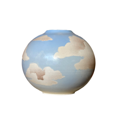 Wheel thrown globe vase with hand painted and airbrushed daytime cloudy sky.