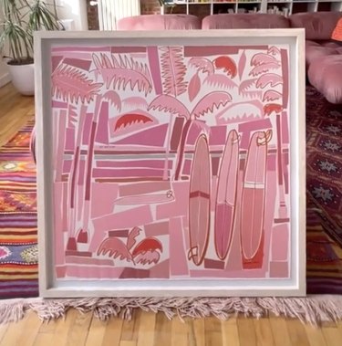 pink framed hermes scarf with palm trees and surfboards