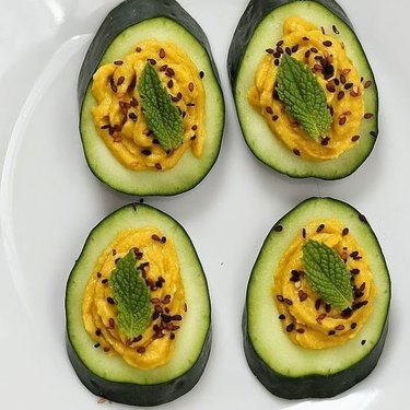 Vegan Richa Cucumber, Hummus, Sesame Seed, and Mint Bites