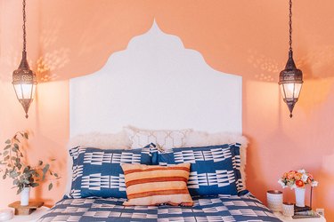 peach and navy blue bedroom