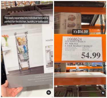 A split-screen image of a four-tier basket at Costco.