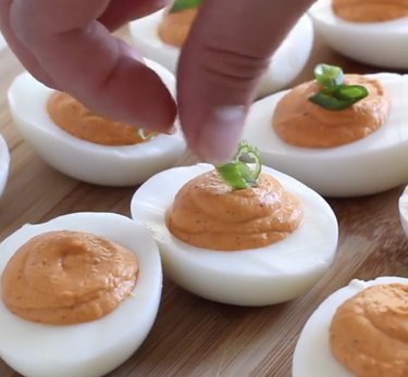 Sweet & Savory Roasted Red Pepper Deviled Eggs