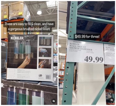 A split-screen image of a wall-mount shower dispenser at Costco.