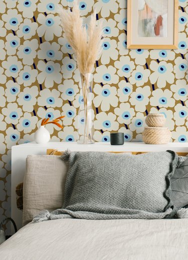Marimekko x WallPops  brown and blue floral wallpaper