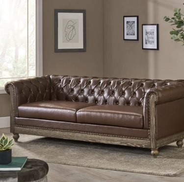 wayfair dark brown faux vegan leather chesterfield couch with rolled arms