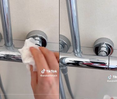 Split-screen image of a hand rubbing a ball of wax paper on a faucet on the left and the same faucet clean and shiny on the right