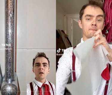 Split-screen image of a man looking at a dirty faucet on the left and then the man holding a piece of wax paper on the right