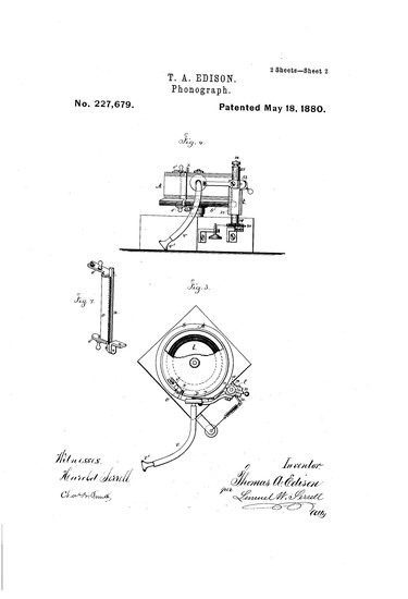 A black and white patent drawing of the phonograph.
