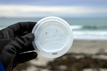 person holding compostable lid in front of beach