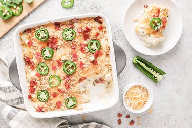 Jalapeño popper gnocchi casserole on a gray background