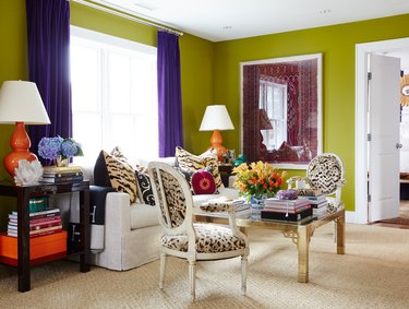 lime green living room with purple curtains
